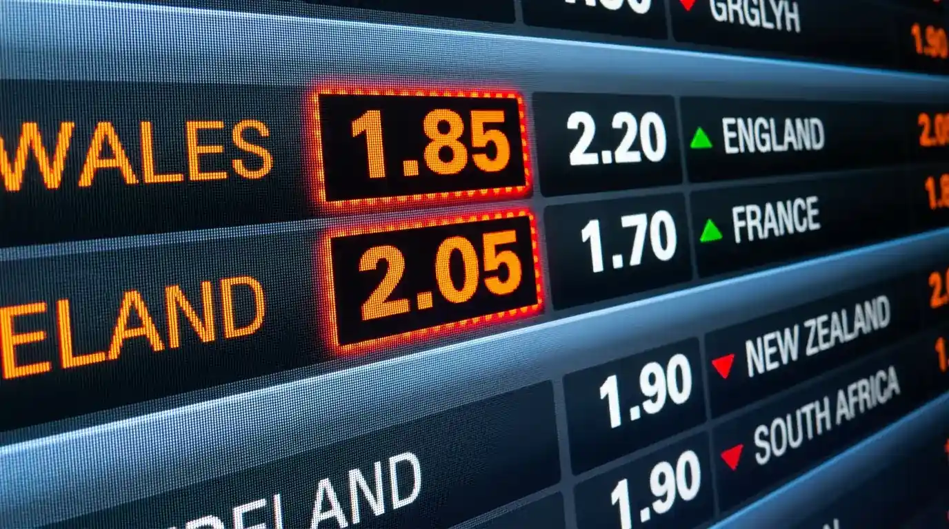 Close-up of a screen showing rugby odds ticking down in real time during a live match
