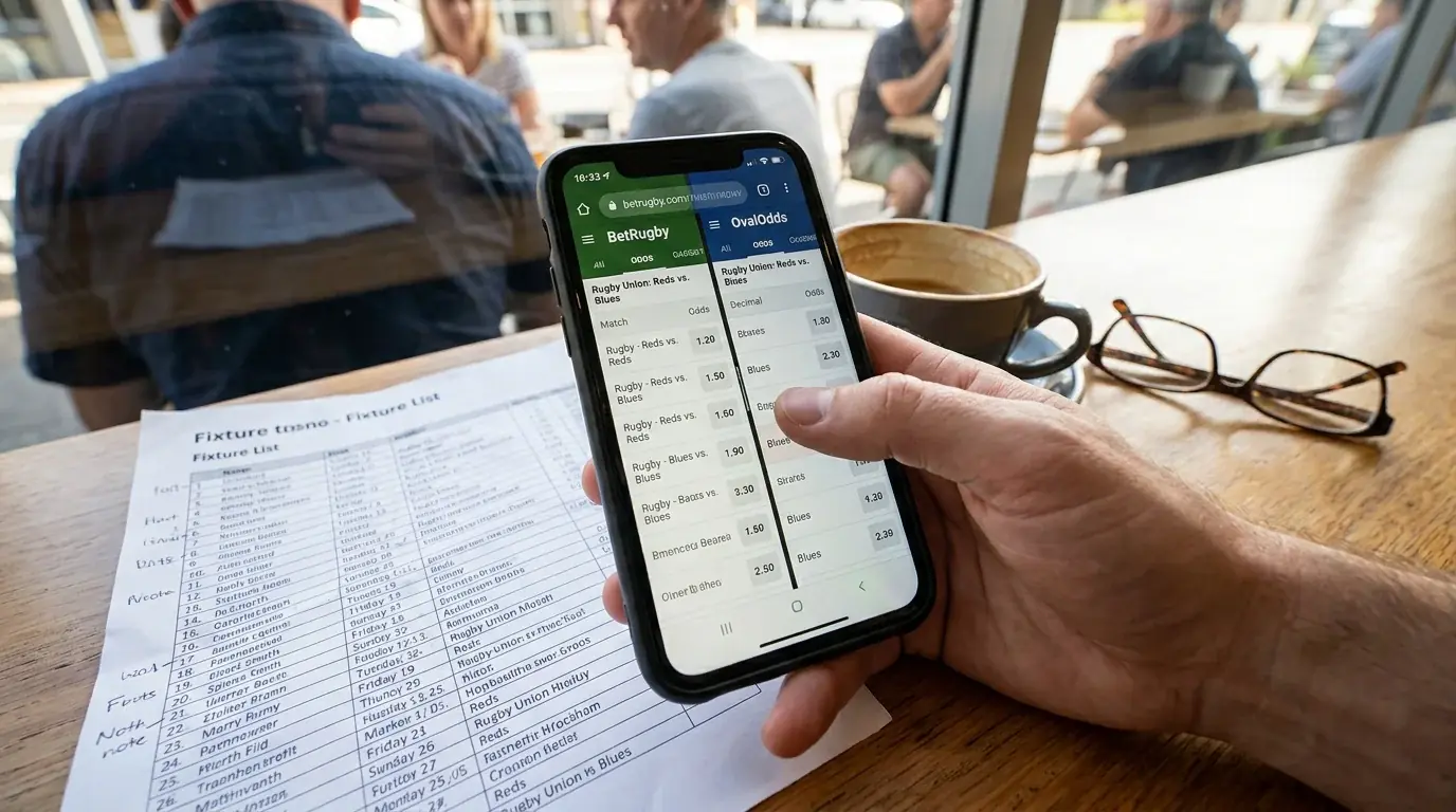 Bettor switching between bookmaker apps on a phone to find the best rugby price