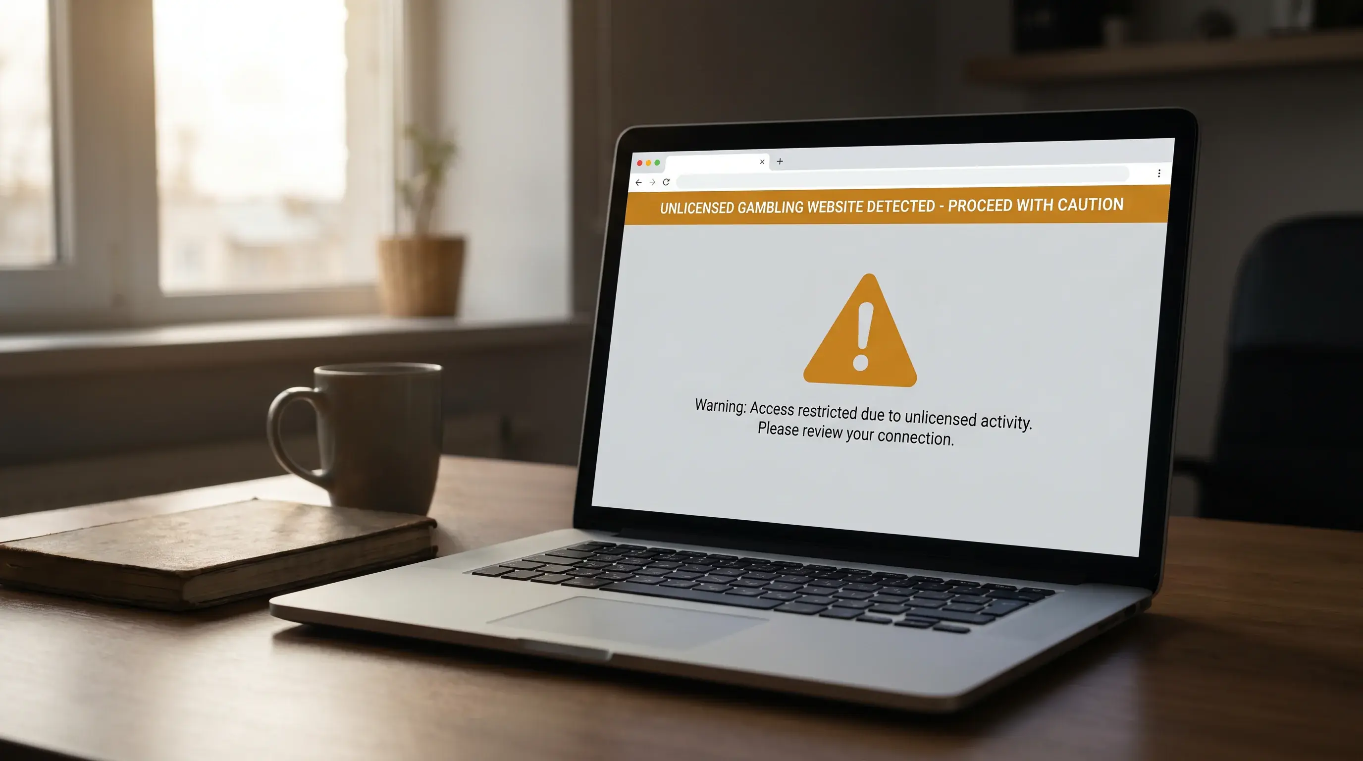 Warning sign on a laptop screen indicating an unlicensed gambling website