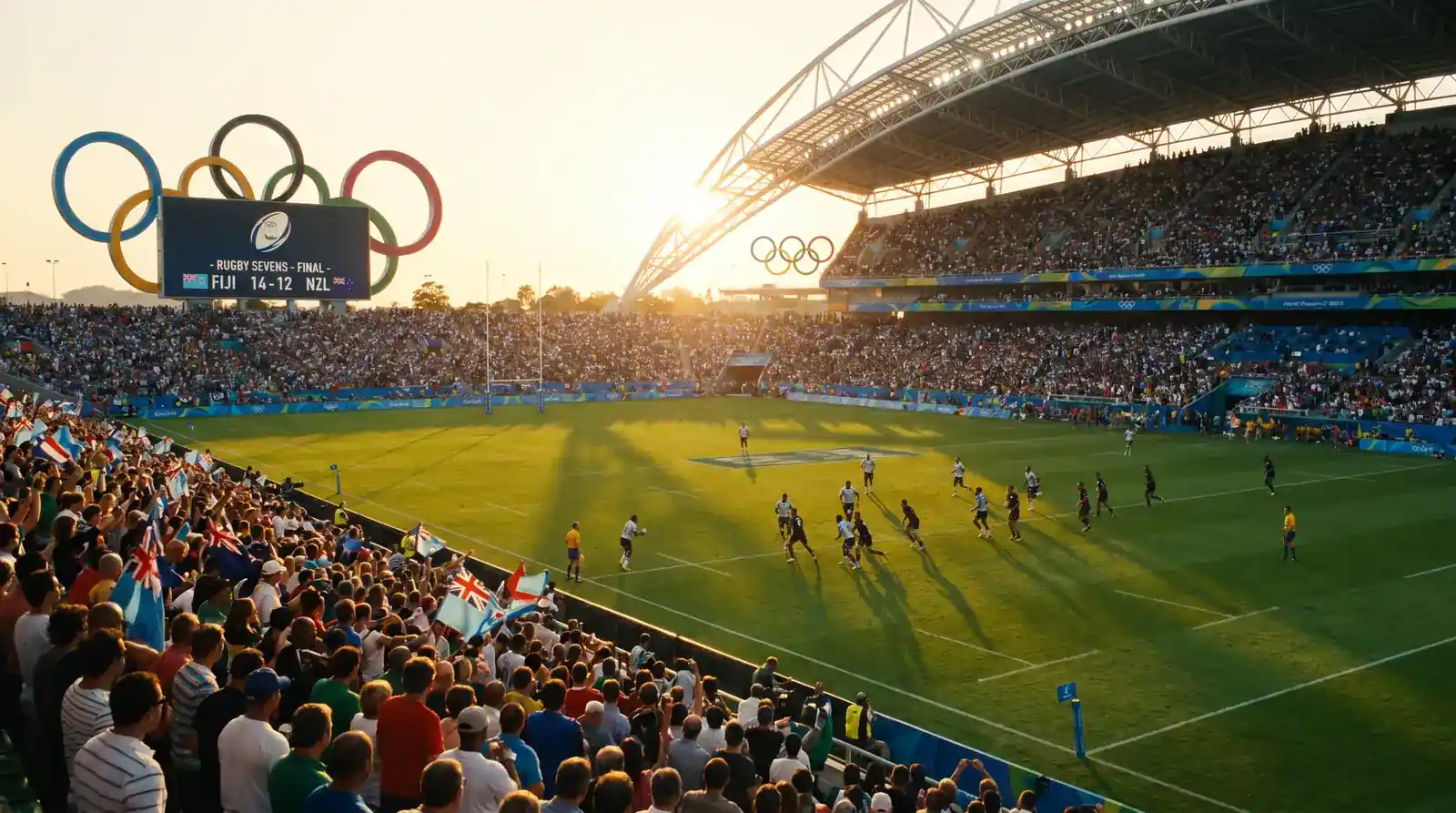 Olympic rugby sevens match under stadium lights with the Olympic rings visible
