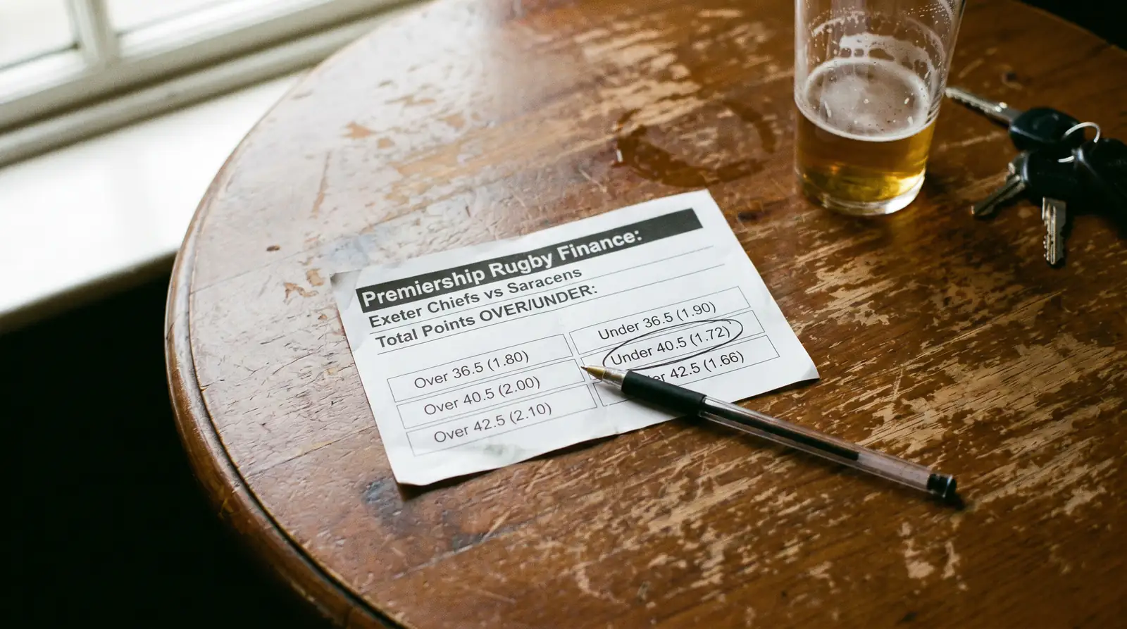 Betting slip showing over and under total points options for a Premiership rugby fixture