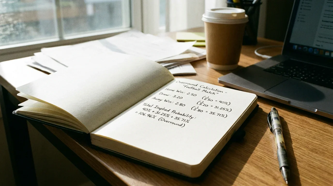 Worked example of an overround calculation using decimal rugby odds in a notebook