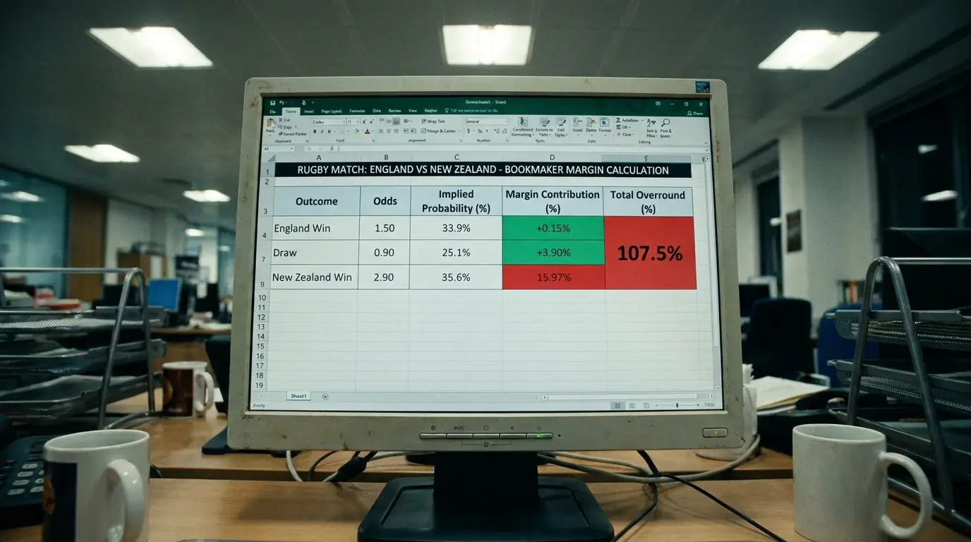 Spreadsheet showing bookmaker margin calculations for a rugby match market
