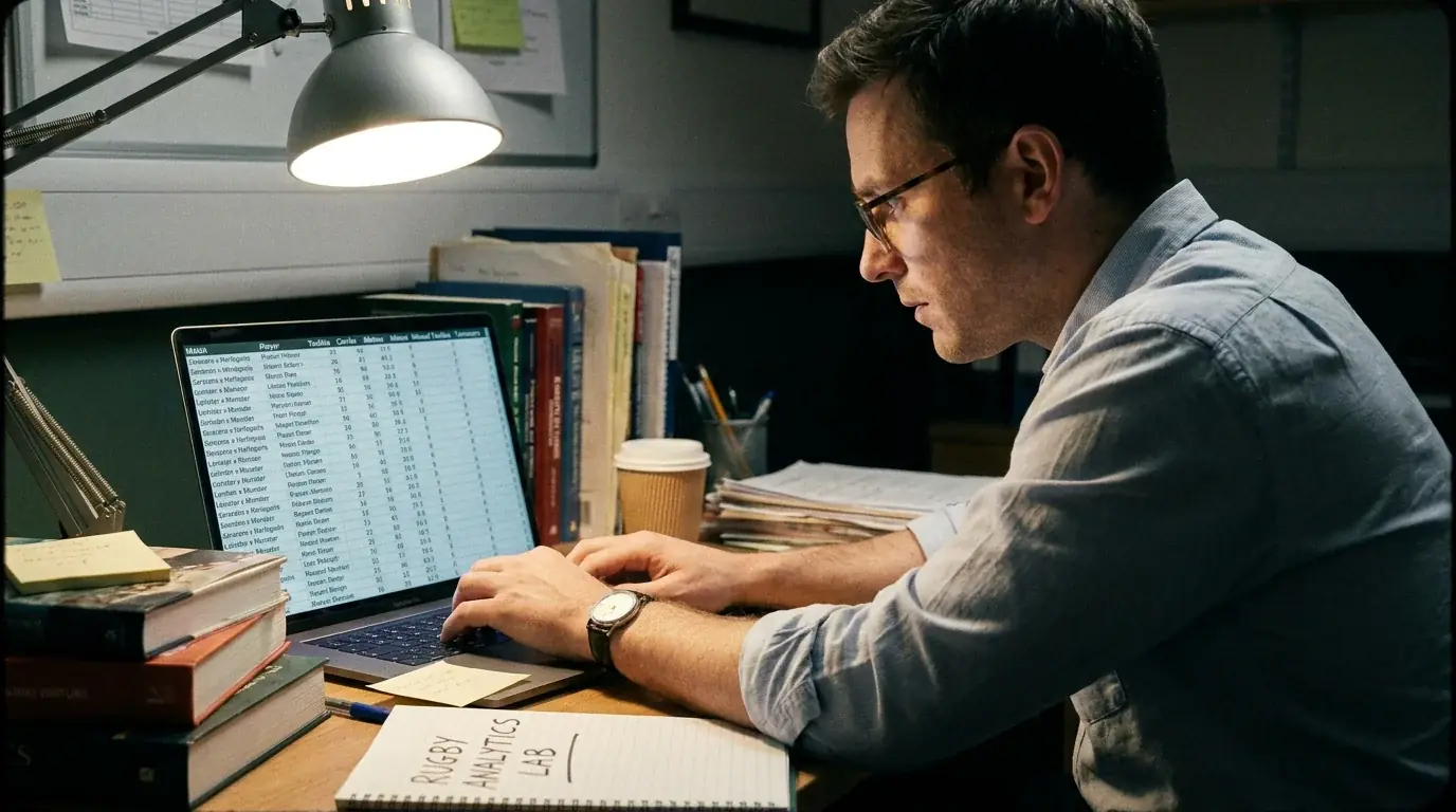 Analyst reviewing player tackle and carry data on a laptop for rugby prop bet research