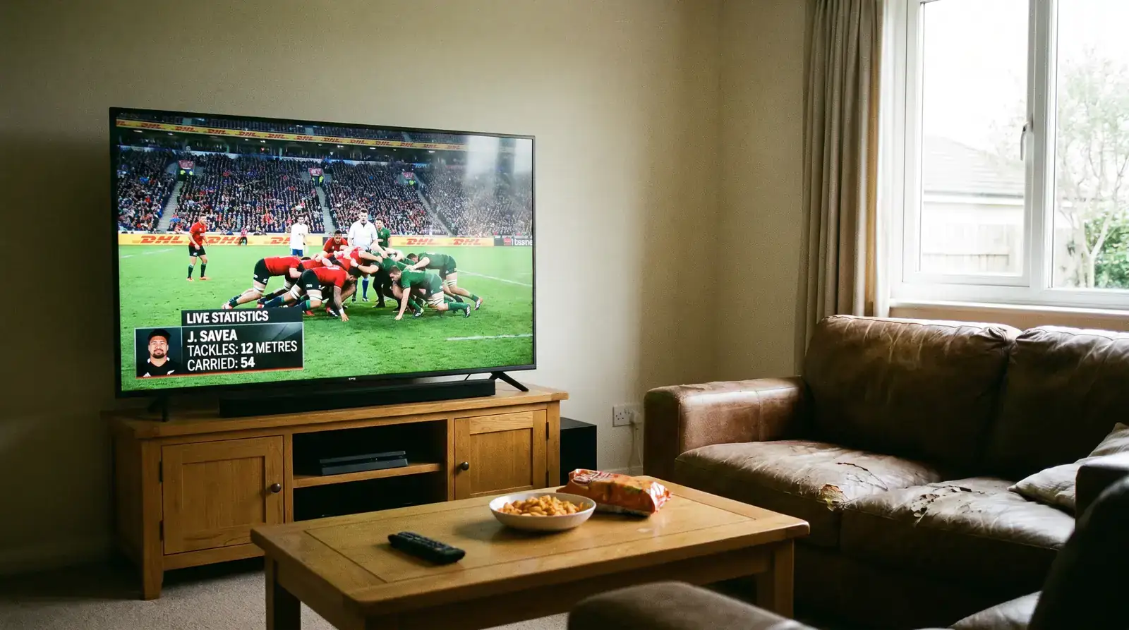 Rugby tackle count statistics shown during a live broadcast for player prop betting
