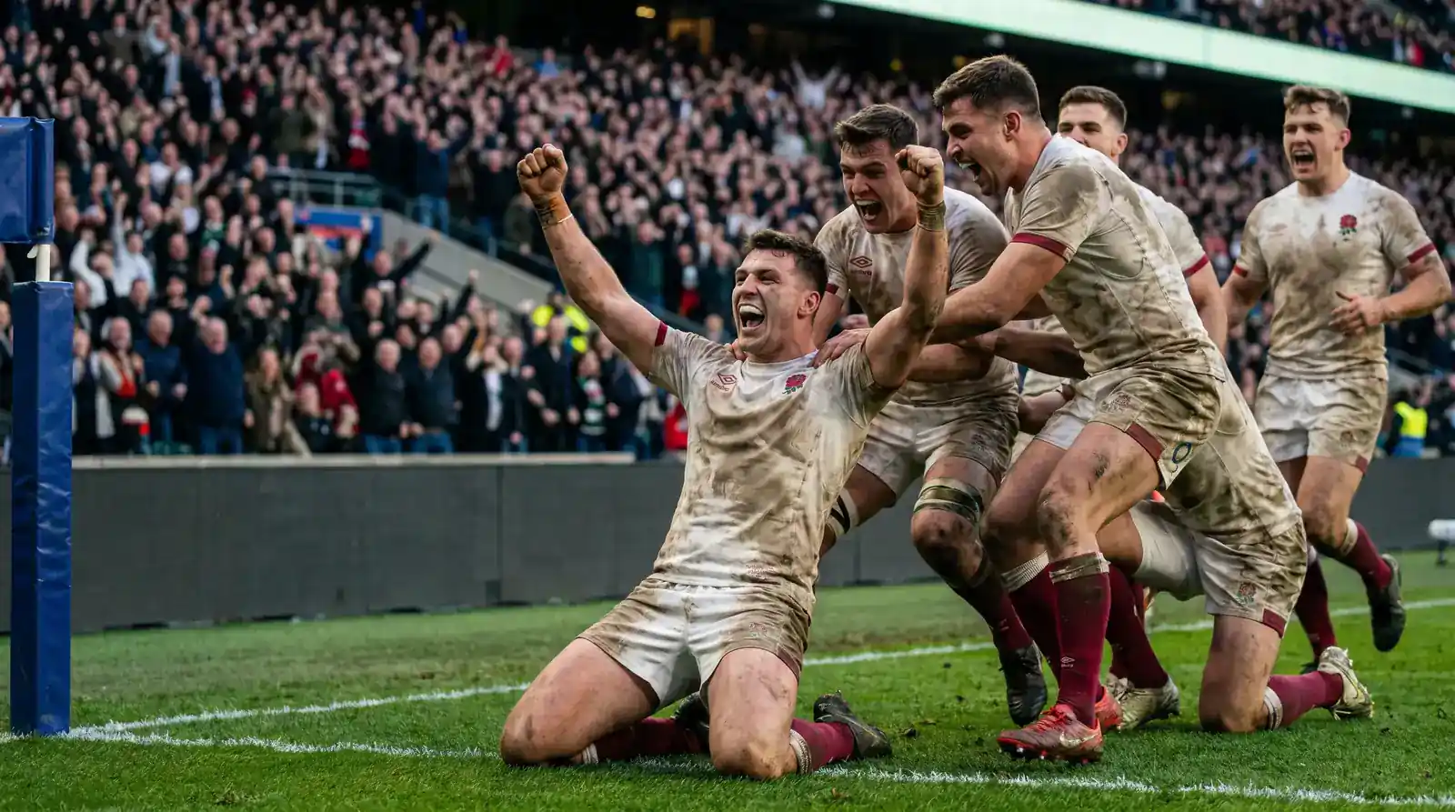 Rugby player celebrating a try as the scorer that settles multiple player market bets