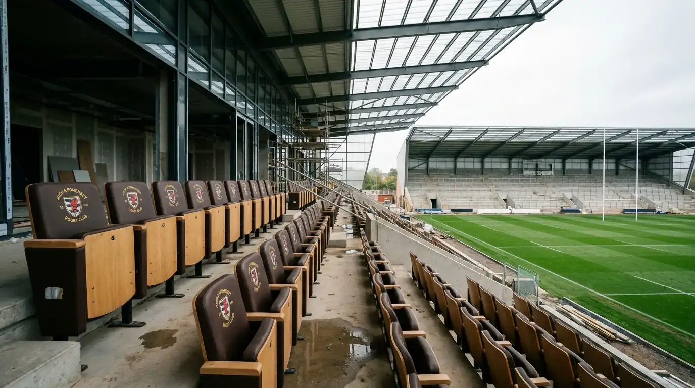 Empty rugby stadium seats with club branding visible symbolising structural change in the Premiership