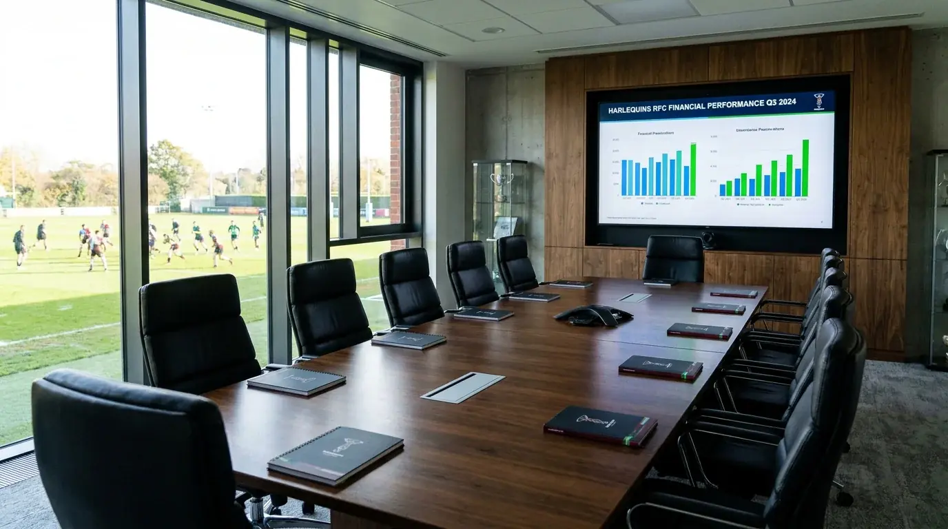 Rugby club boardroom with meeting table and financial presentation slides on a screen