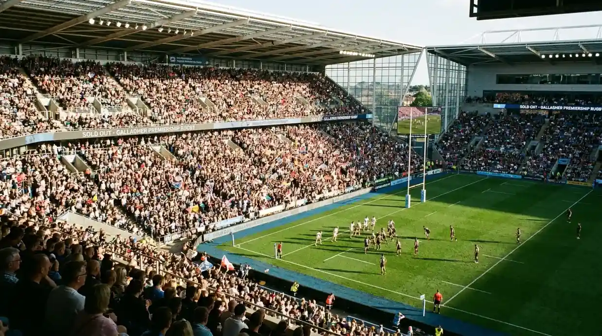 Sold-out Premiership rugby crowd filling every section of a modern English stadium