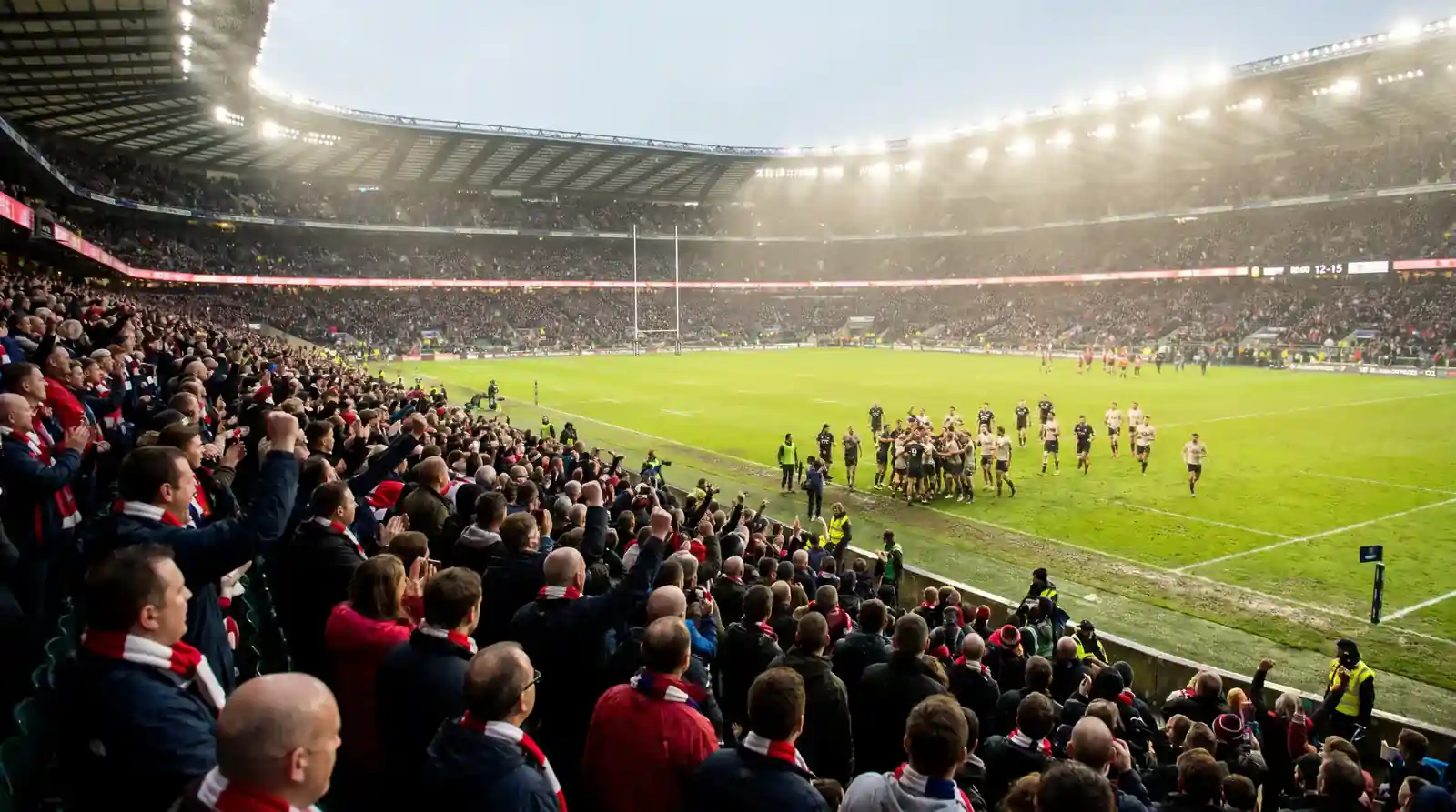 Packed rugby union stadium during a Premiership matchday with fans filling the stands