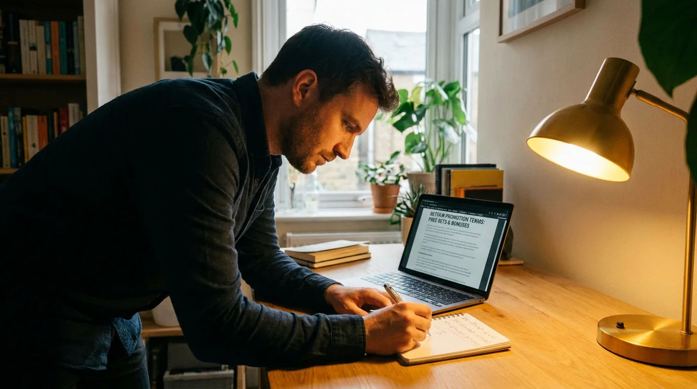 Bettor reviewing promotion terms on a laptop while noting the real value in a journal