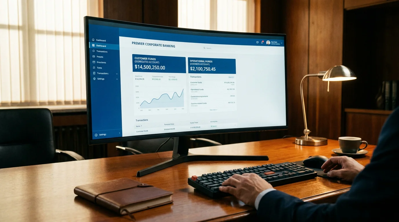 Banking interface showing segregated customer funds held securely by a regulated operator