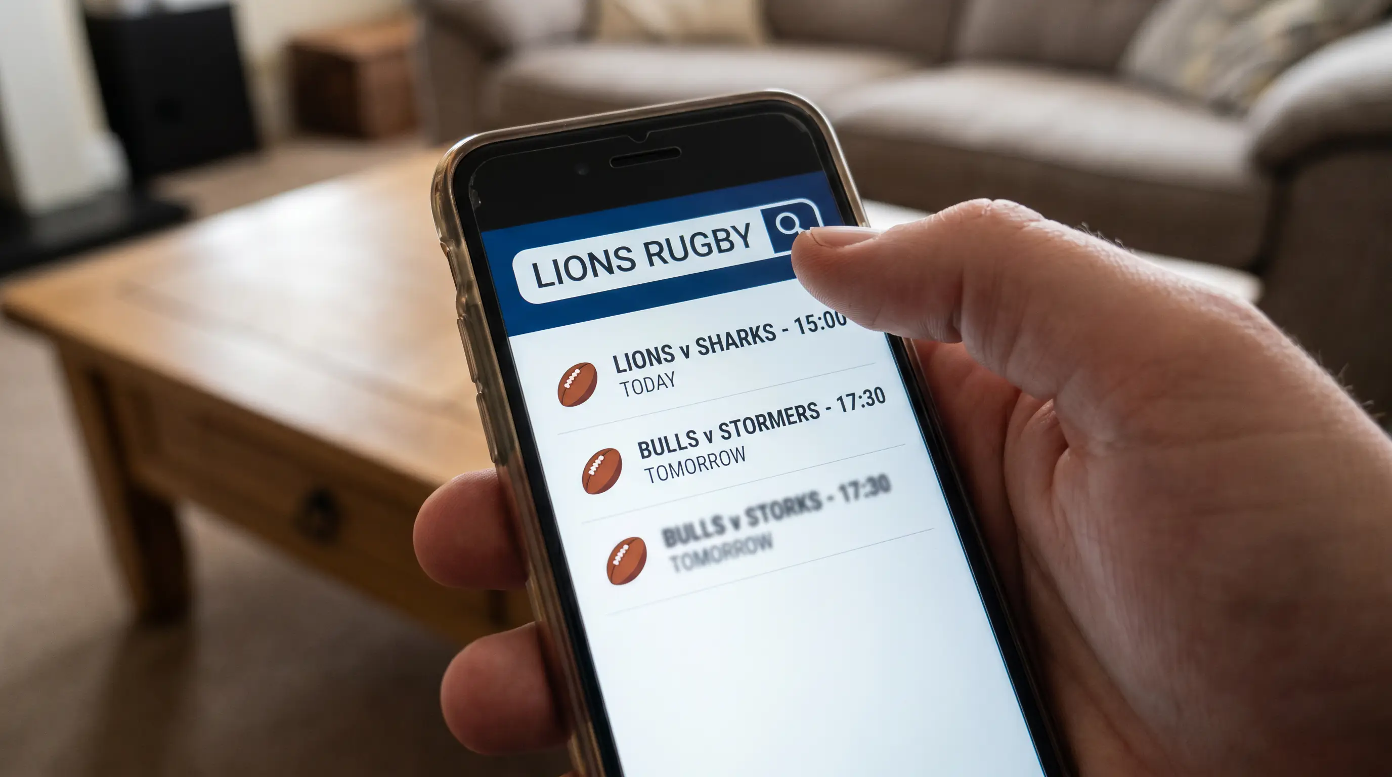 Close-up of a smartphone screen showing search results for rugby fixtures inside a betting app