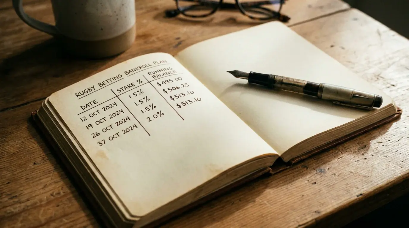 Notebook with a structured staking plan and bankroll allocation for rugby betting