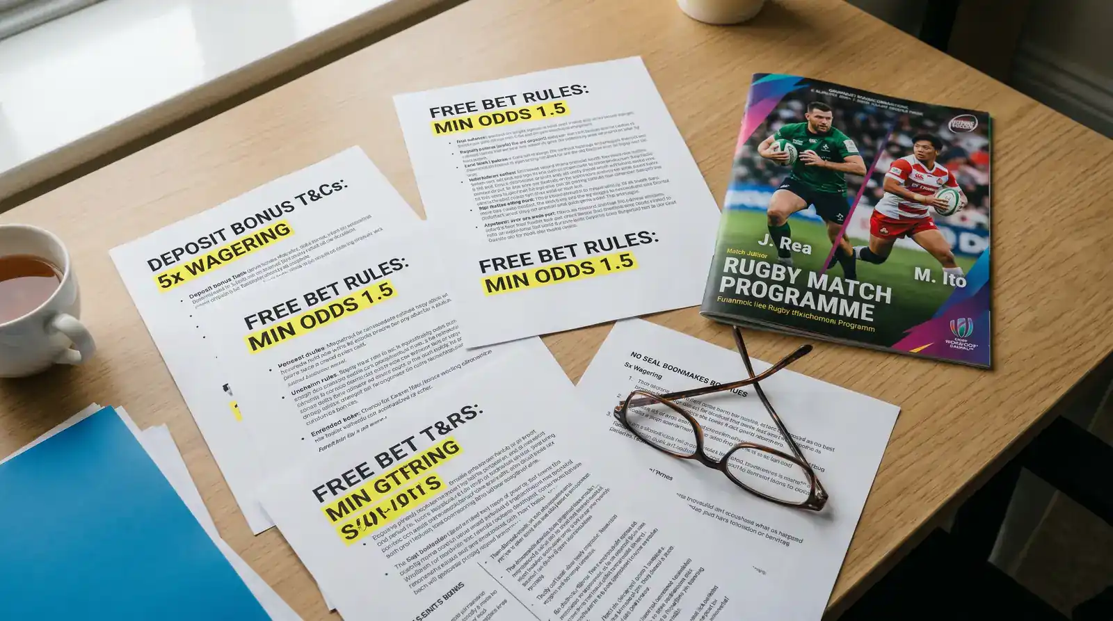 Desk with printed bonus terms and conditions documents arranged next to a rugby match programme