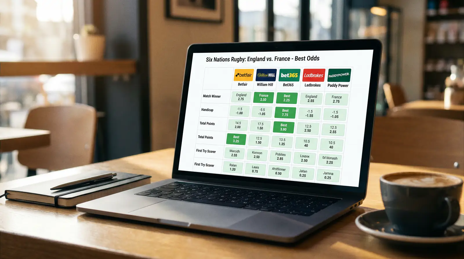 Comparison tool results page showing best available odds for a Six Nations rugby match