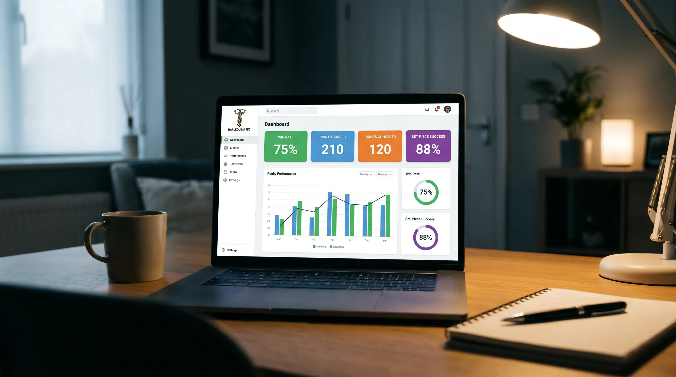 Laptop screen displaying rugby team performance data with key form indicators highlighted
