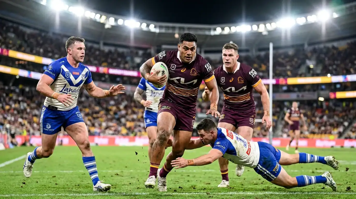 Rugby league players in a fast-paced attacking move with open running creating high scores