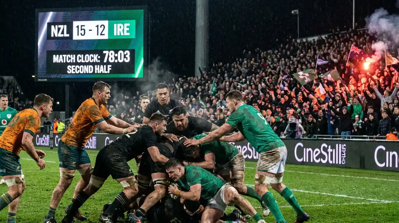 Live rugby match in progress with a visible scoreboard as in-play odds adjust