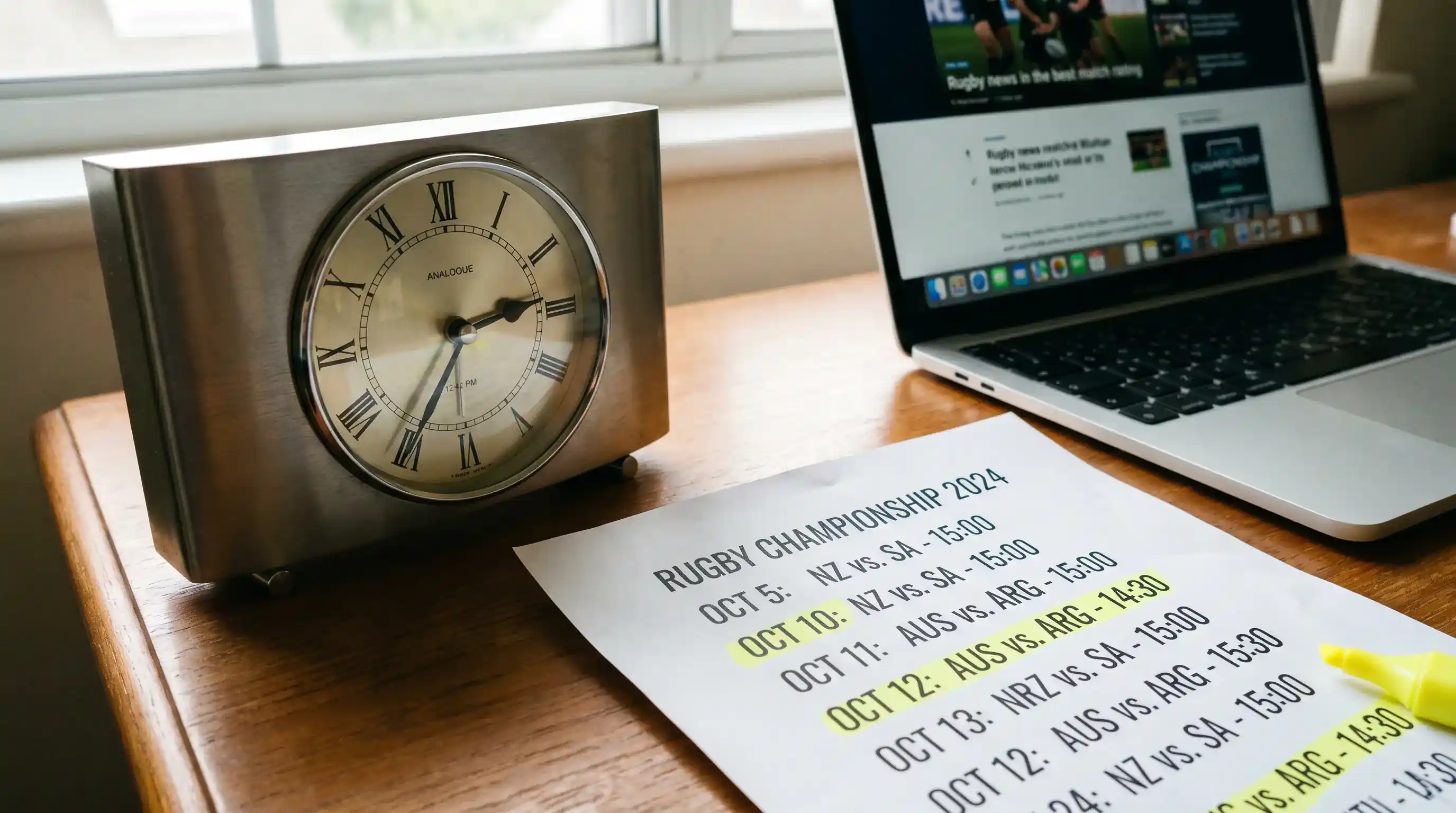 Clock and rugby match schedule on a desk representing optimal betting timing windows