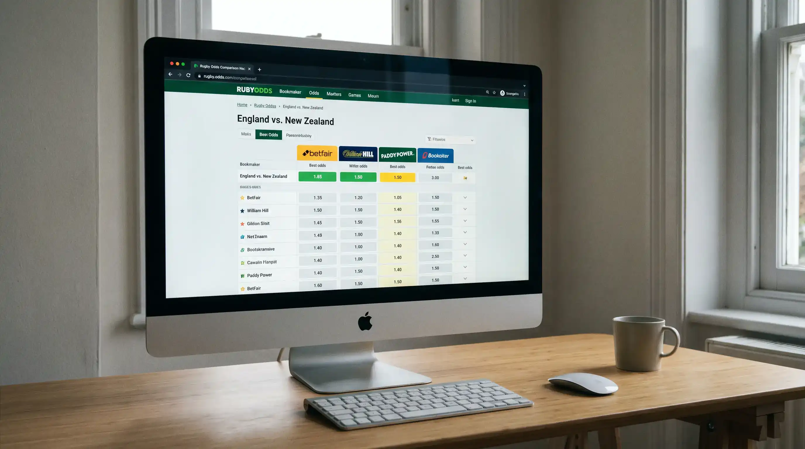 Odds comparison platform on a desktop screen showing rugby prices from multiple bookmakers