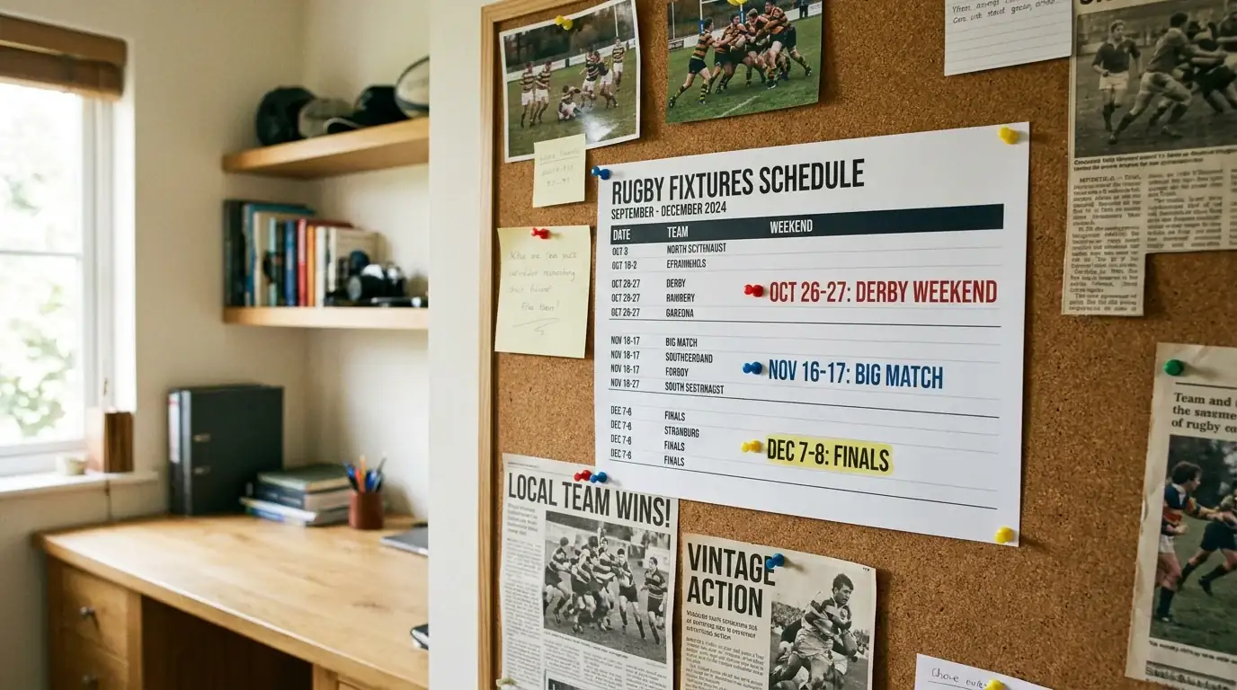 Rugby fixtures schedule pinned to a noticeboard marking peak promotional periods