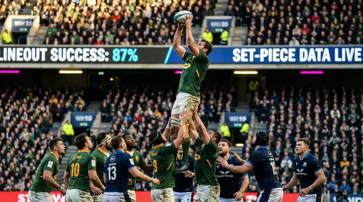 Rugby lineout in action during a match with tactical data about set-piece success rates