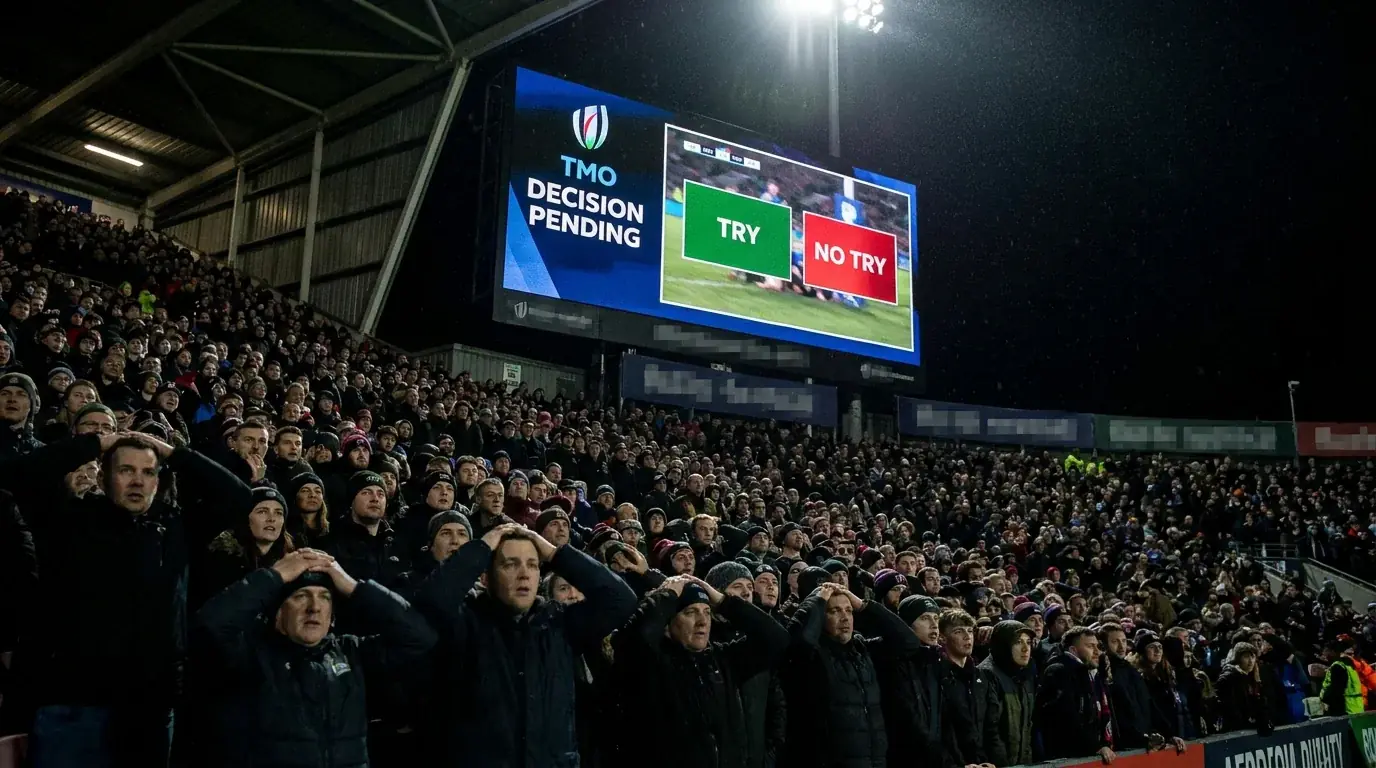 Stadium big screen displaying a TMO review decision while the crowd waits for the outcome