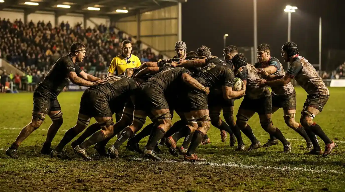 Rugby union forwards driving toward the try line during a sustained attacking phase near the goal