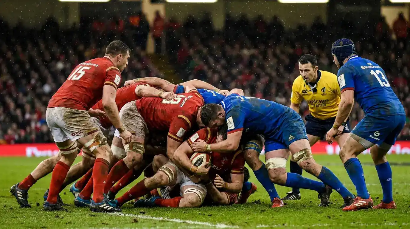 Players competing at a ruck during a fast-paced rugby union match
