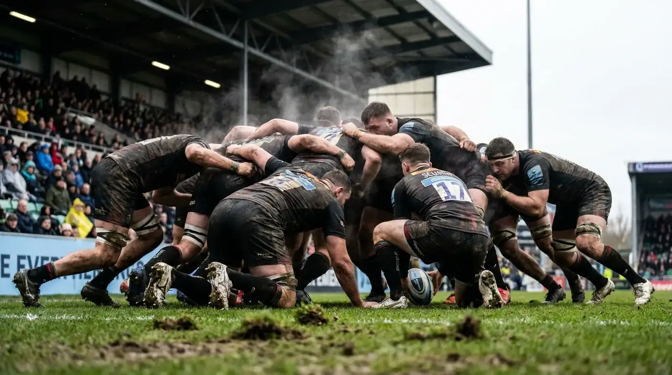 Rugby scrum engagement with forwards binding together in a contested set piece