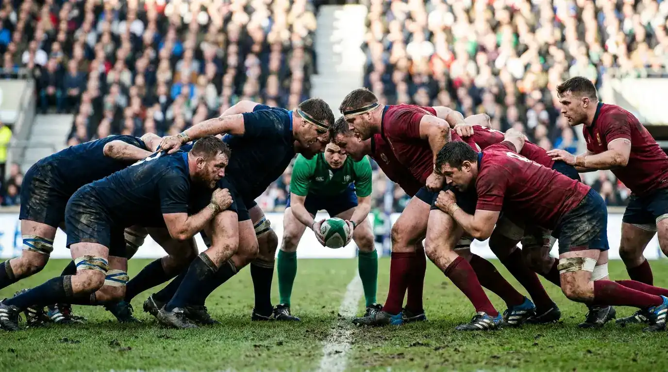 Rugby union scrum with eight forwards engaging on a grass pitch during a Premiership match