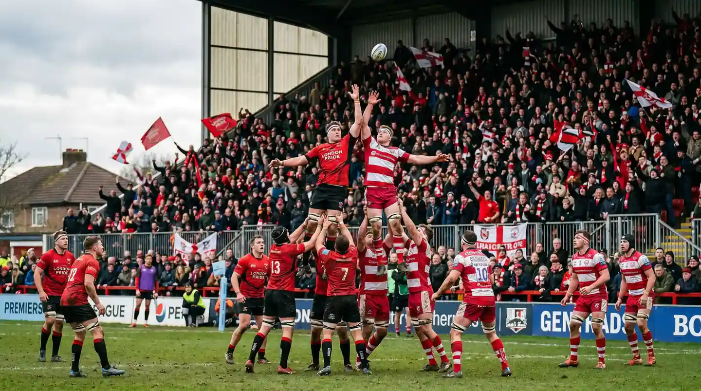 Rugby union match in progress at a Premiership ground with analysis notes overlay