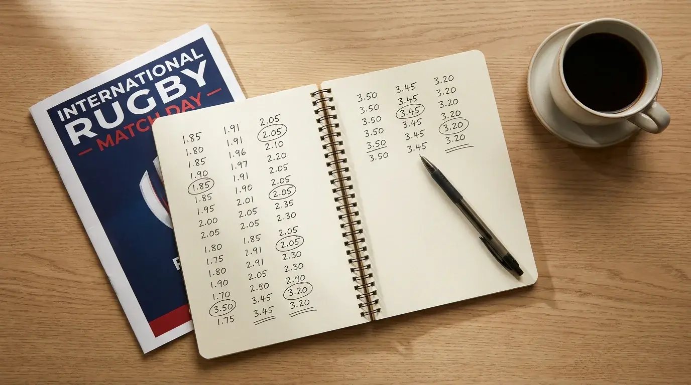 Notebook with handwritten rugby union odds comparisons and margin calculations next to a pen