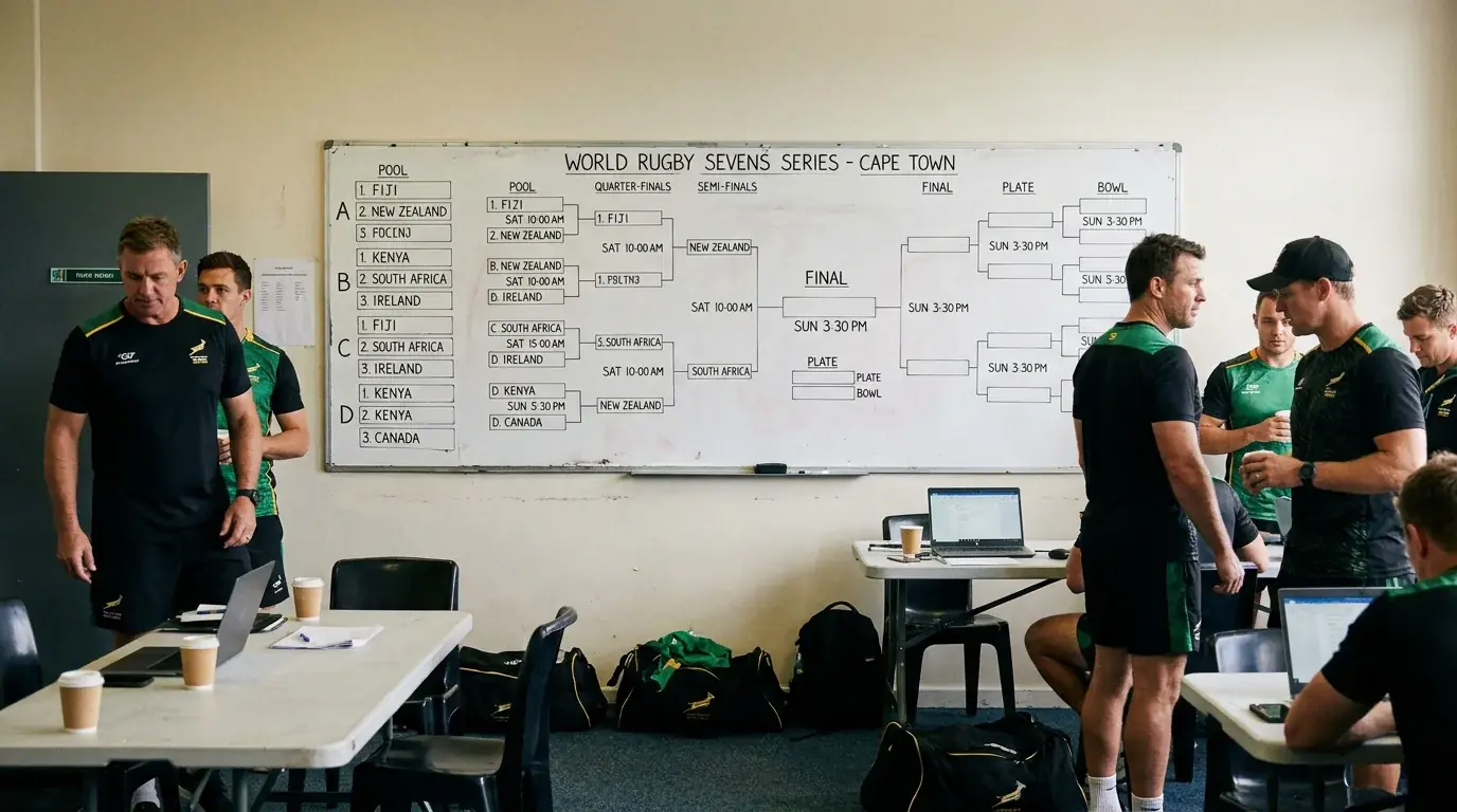 Tournament draw sheet for a rugby sevens event showing pool and knockout stages