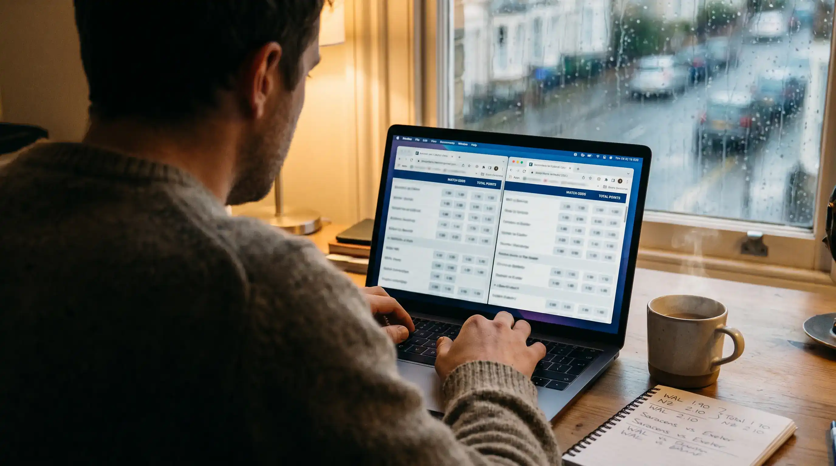 Punter comparing Six Nations match odds on a laptop with multiple bookmaker tabs open