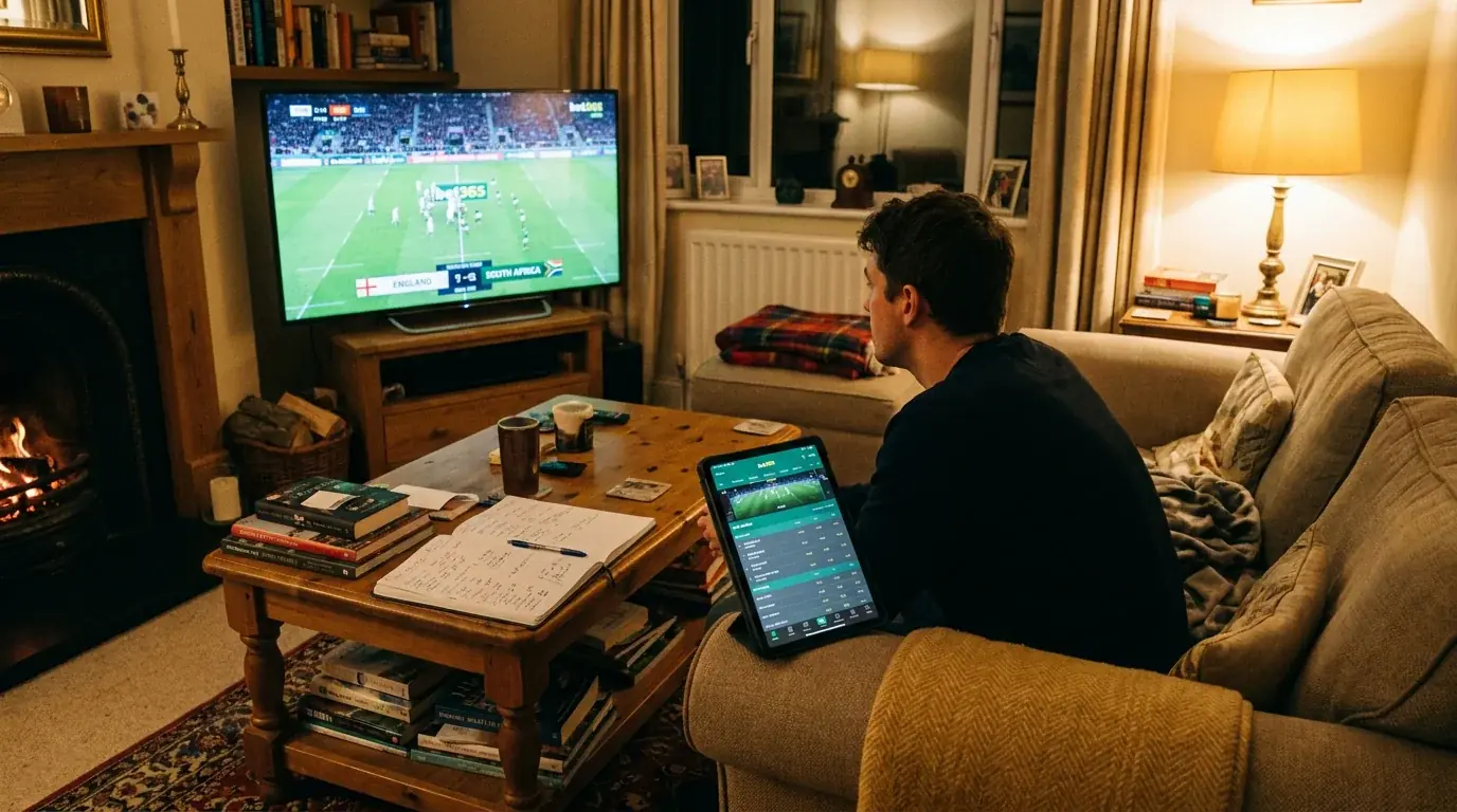 Rugby analyst watching a live match on television while tracking odds on a second screen