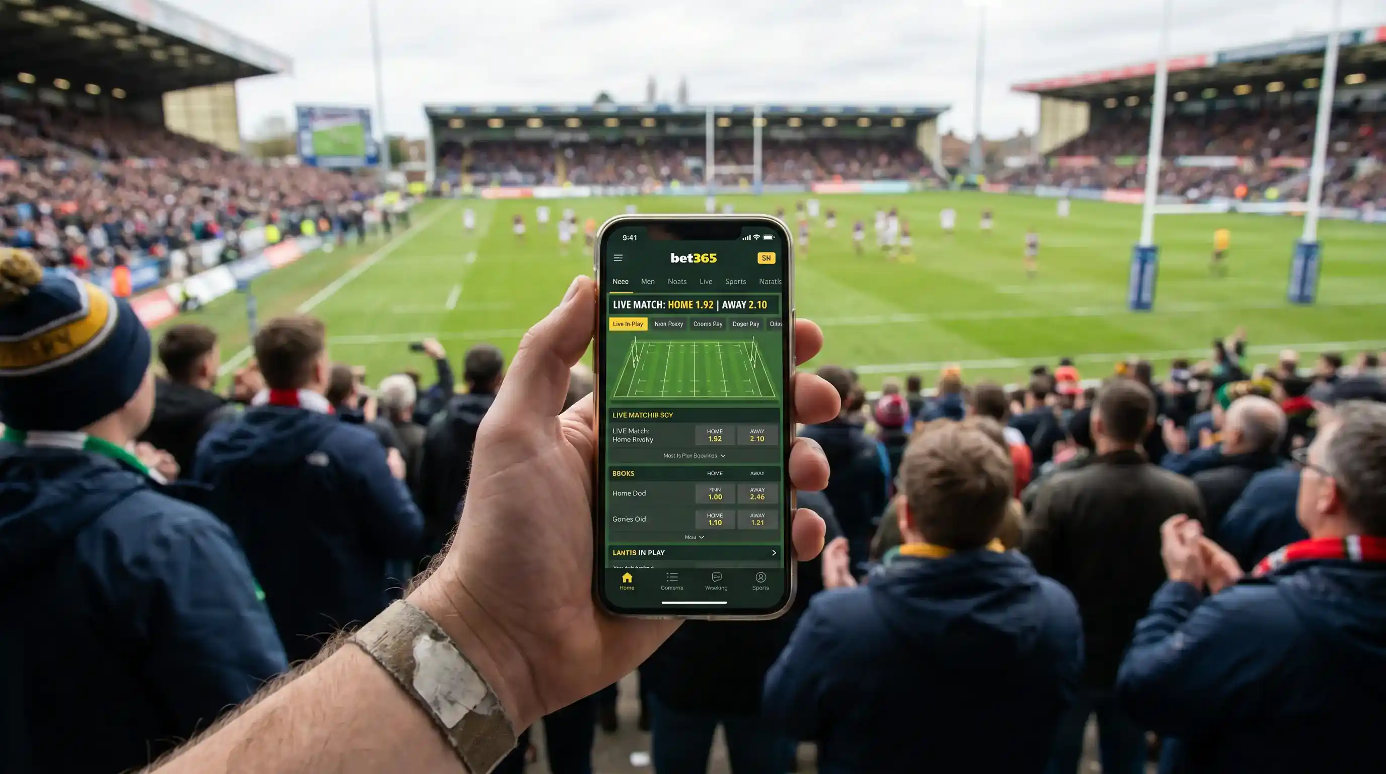 Live in-play rugby betting interface on a smartphone during a Six Nations match