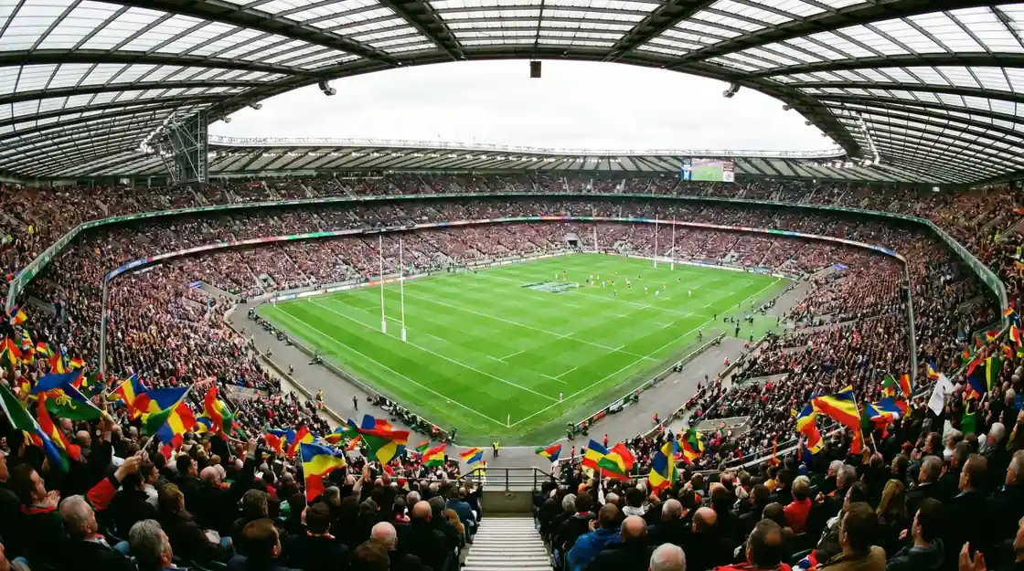 Packed Twickenham stadium during a Six Nations match with supporters waving flags in the stands