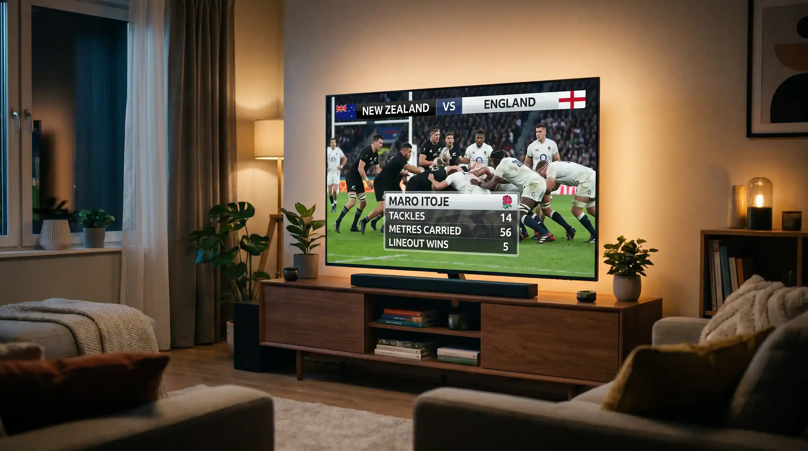 Player statistics displayed on a broadcast screen during an international rugby match