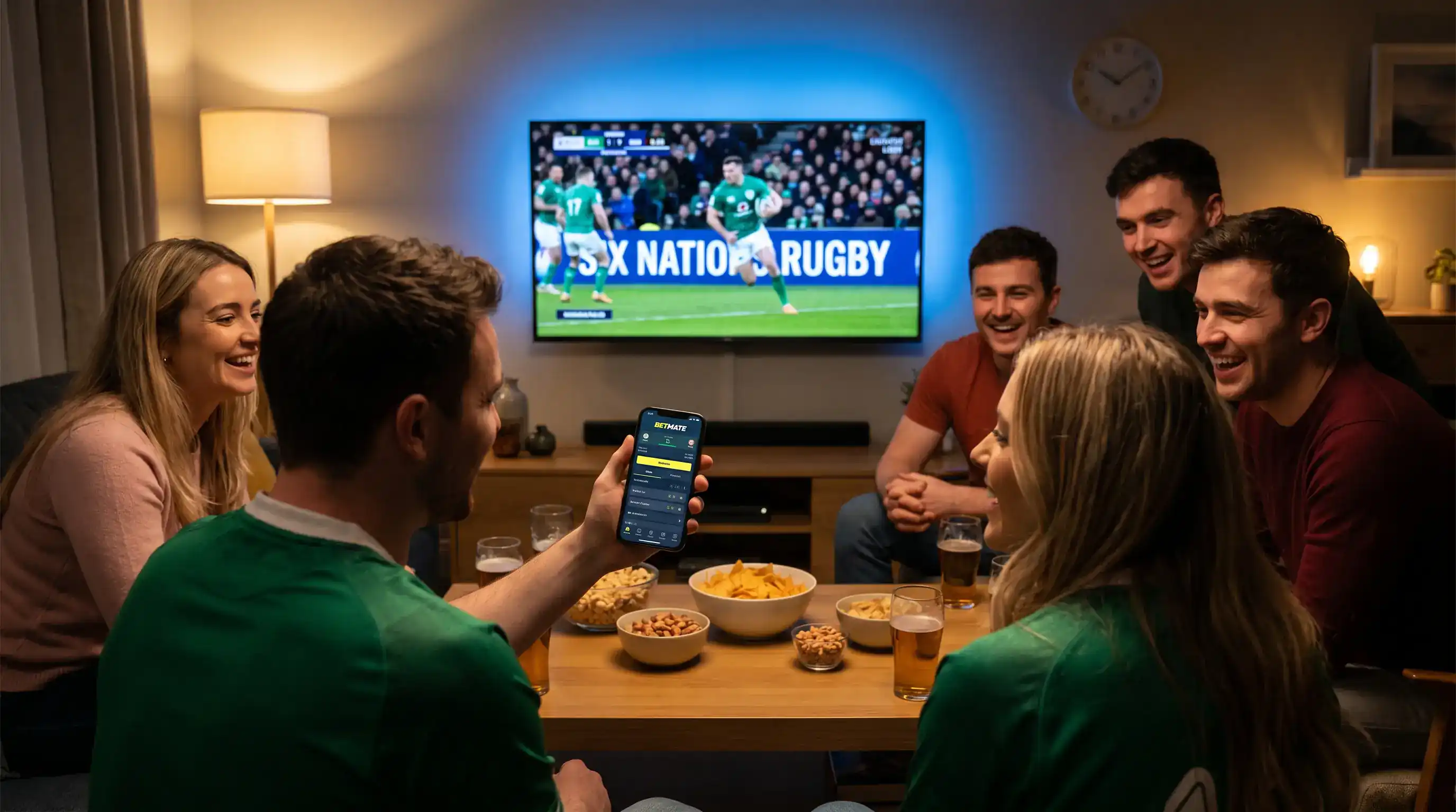 Rugby fans watching a Six Nations match on television during peak betting promotion season