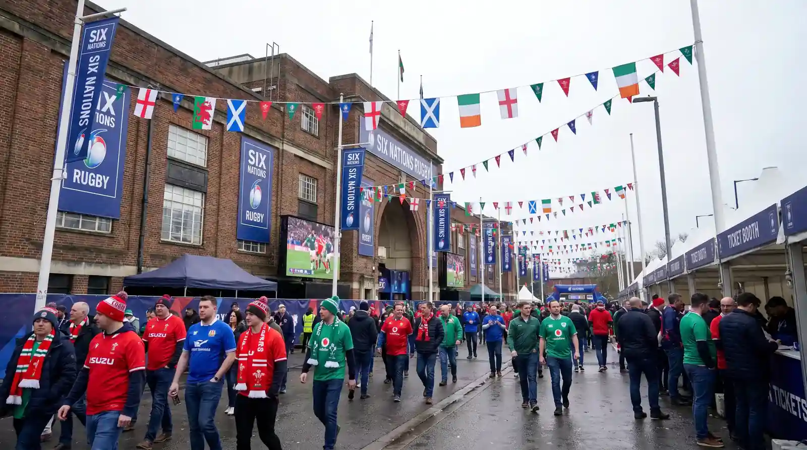 Rugby stadium with Six Nations flags and banners representing the peak season for betting promotions