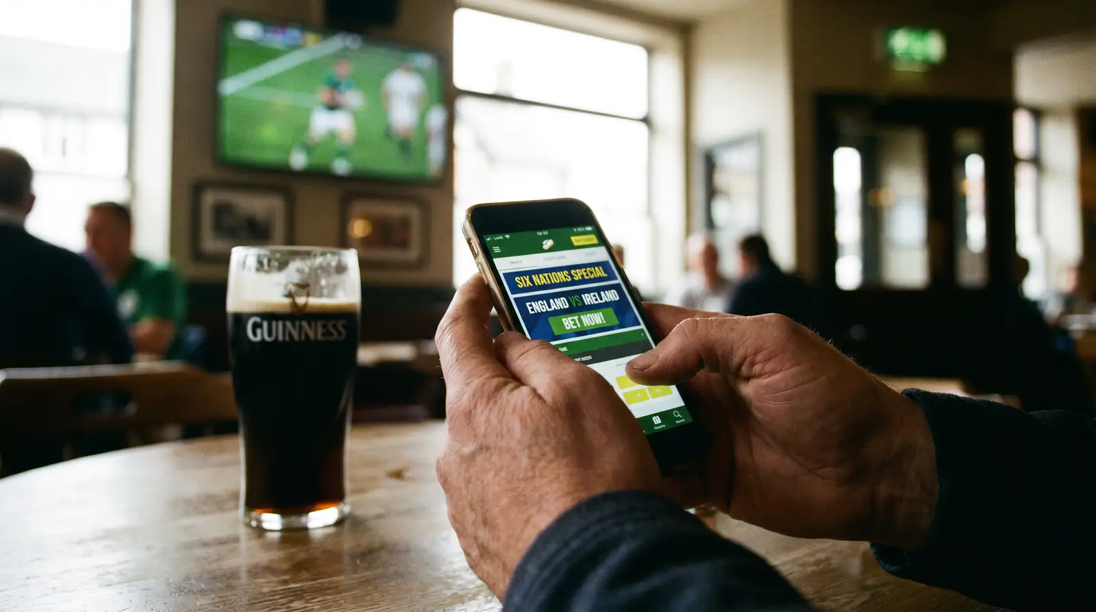 Rugby fan checking promotional offers on a mobile phone before a Six Nations weekend