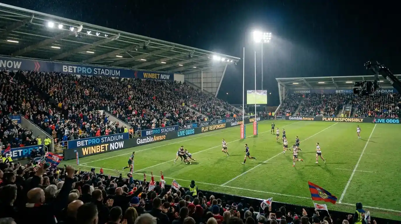Betfred branding visible at a Super League rugby stadium during a televised match