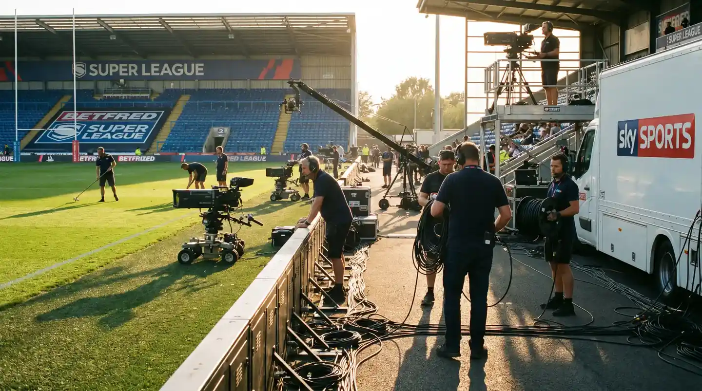 Television broadcast setup at a rugby league ground with multiple camera positions