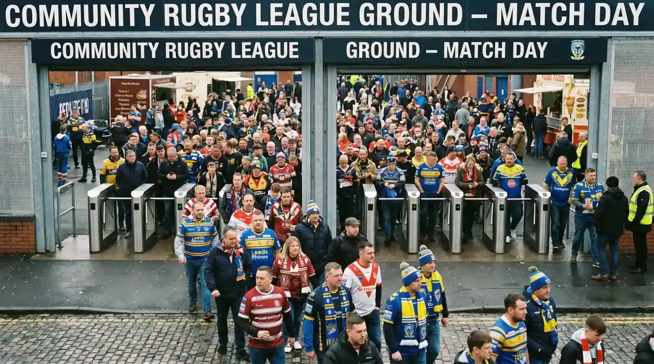 Rugby league stadium on match day with fans arriving for the first game of an expanded season