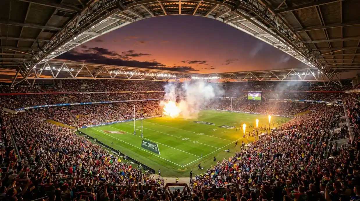 Aerial view of a sold-out rugby league Grand Final at Old Trafford with fans in team colours