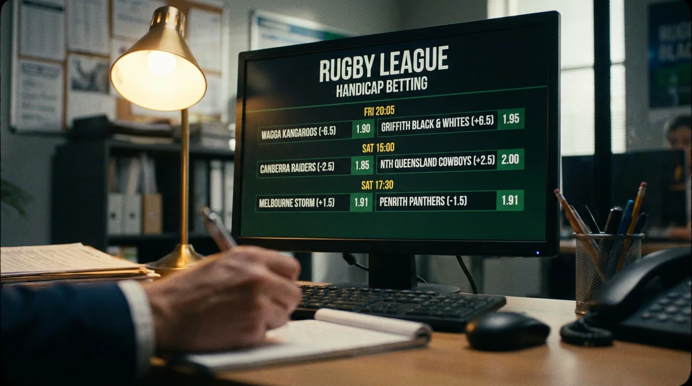 Handicap betting lines displayed on a sportsbook screen for a rugby league fixture