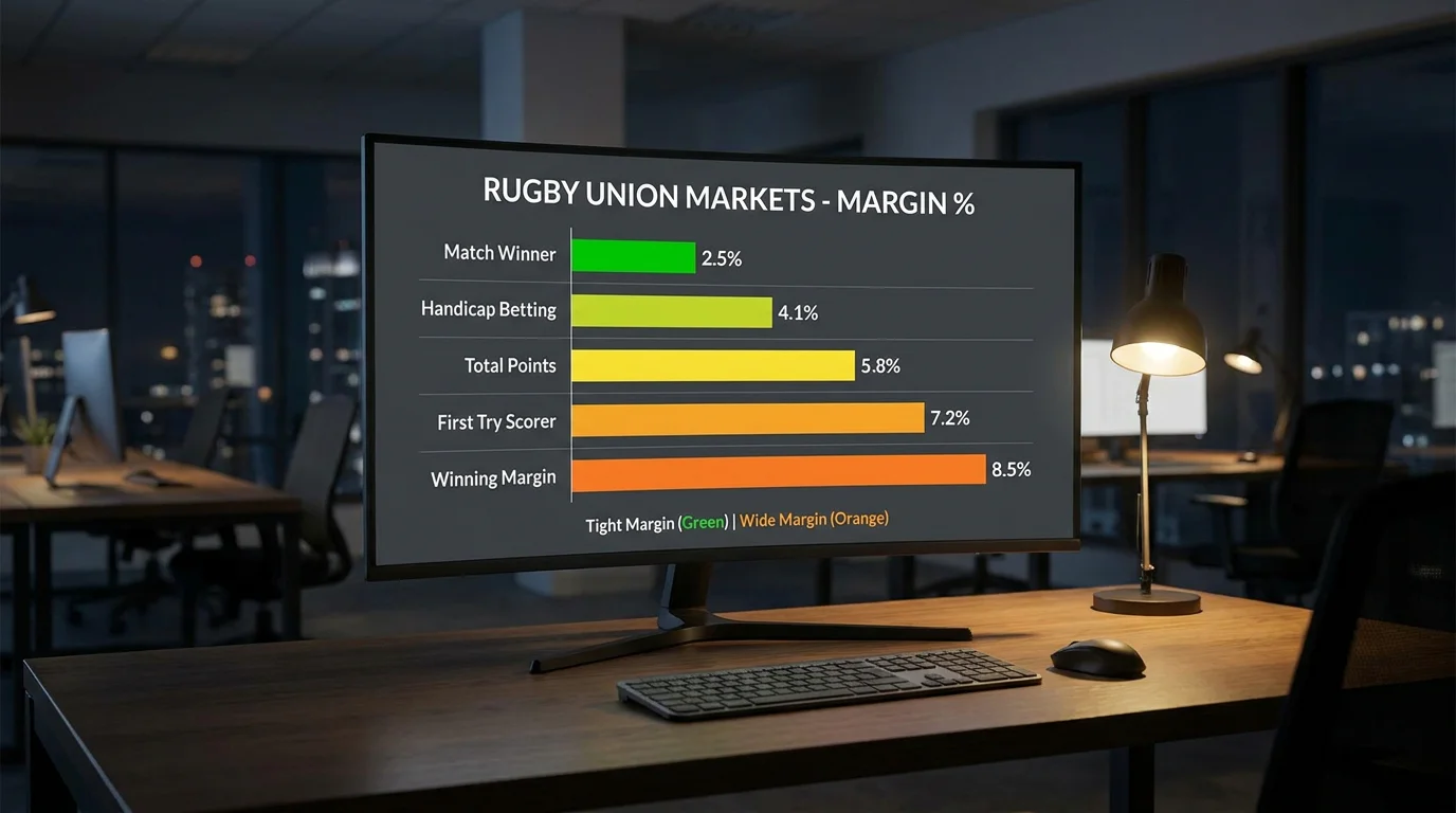 Bar chart style comparison of bookmaker margins on rugby union match-result markets