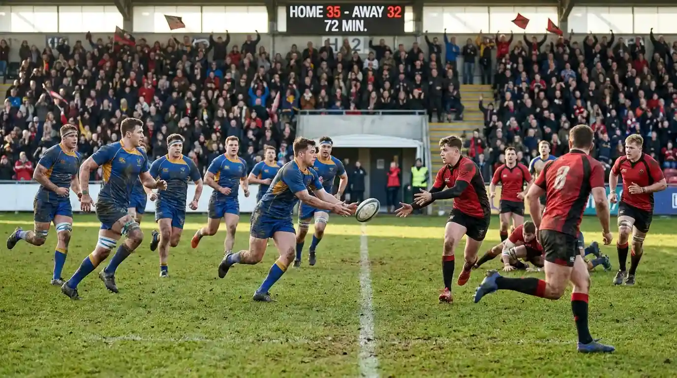 Rugby match in full flow with both teams attacking suggesting a high-scoring affair